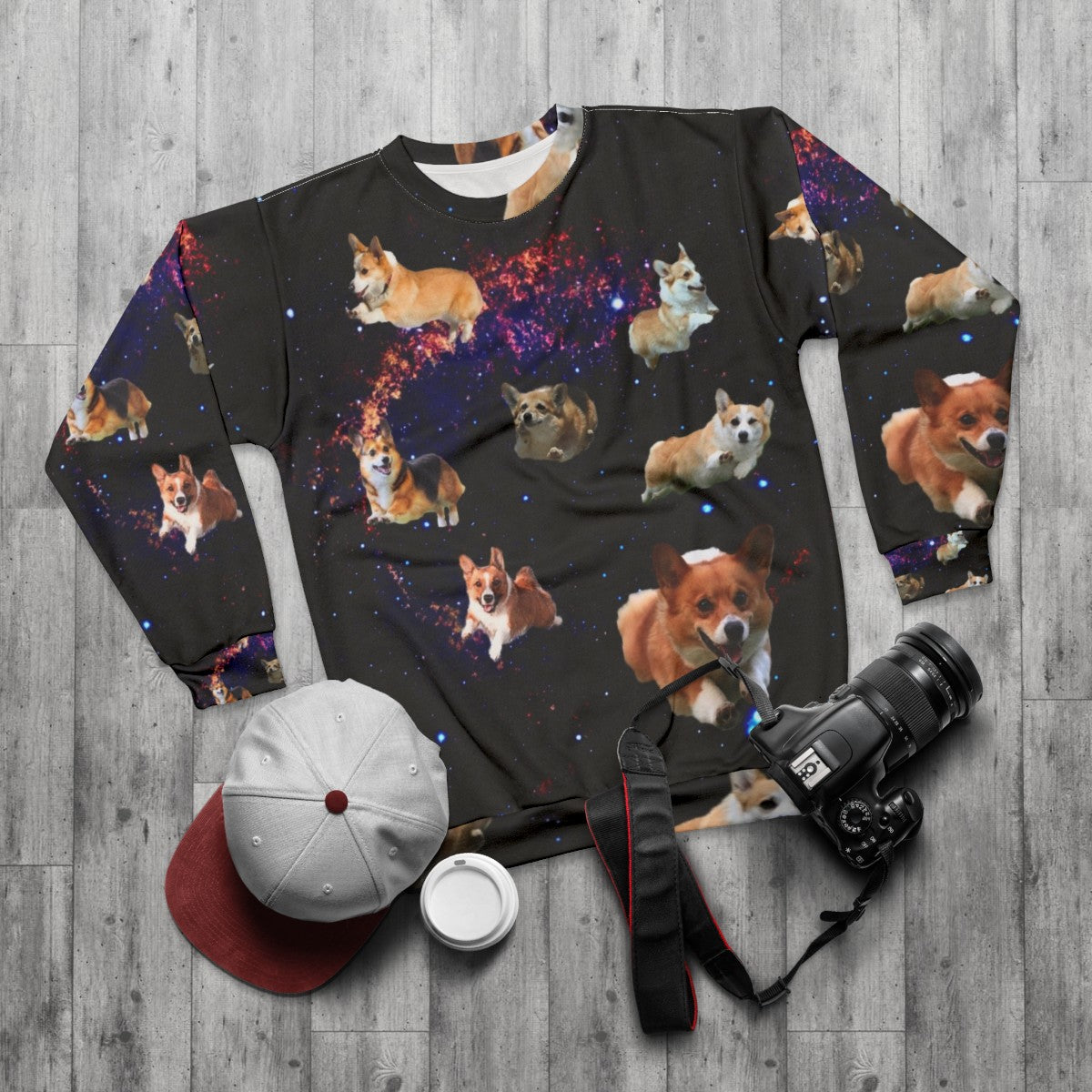 Space Corgis Sweatshirt featuring a trippy, celestial design with a cute corgi - flat lay