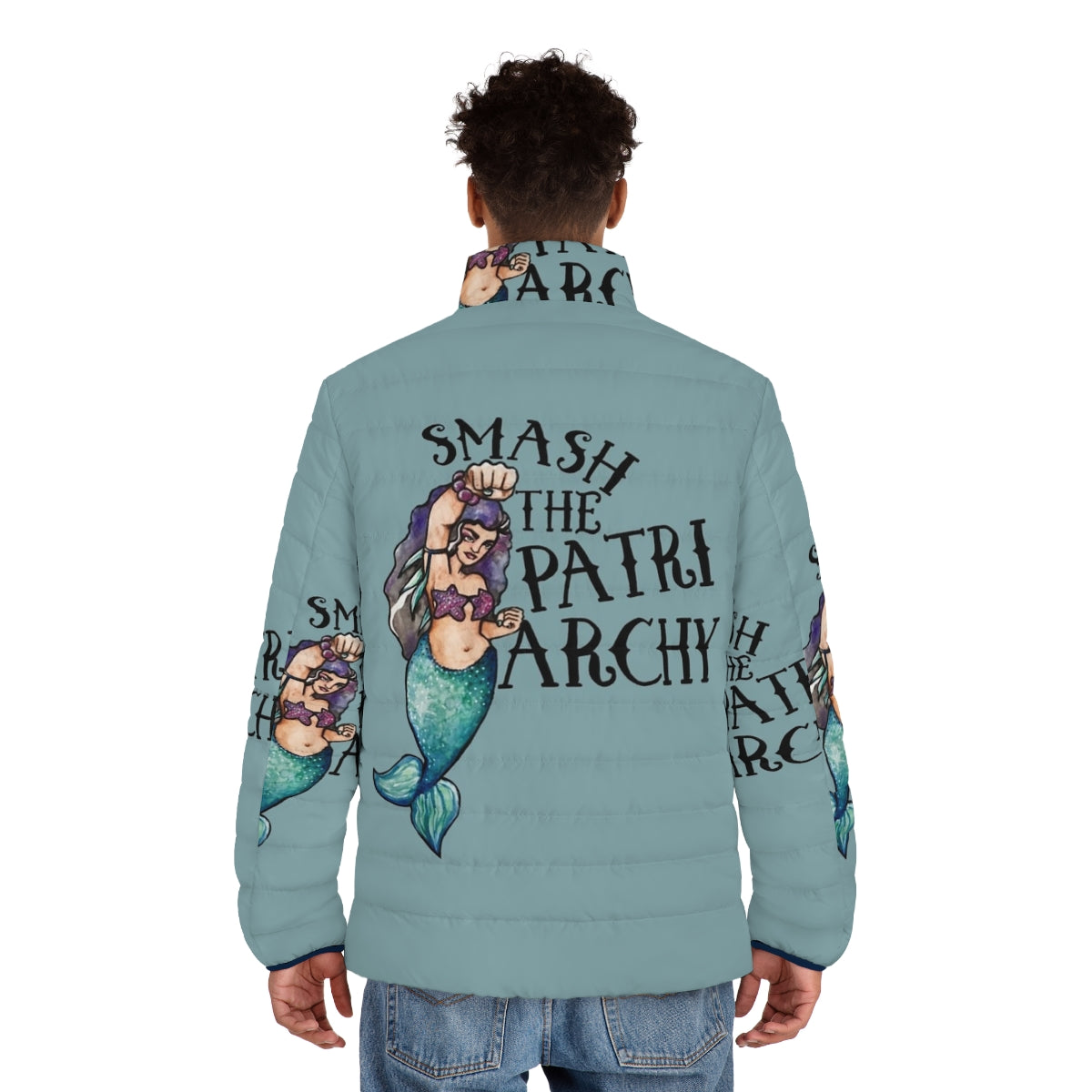 Smash the Patriarchy feminist puffer jacket with mermaid and animal designs - men back