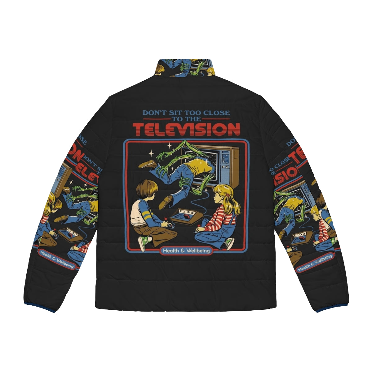 Retro gaming puffer jacket with horror-themed design - Back