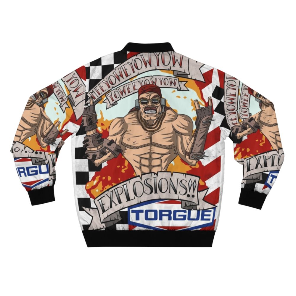 Borderlands-inspired bomber jacket with an explosive design featuring Mister Torgue, Mad Moxxi, and Tiny Tina - Back