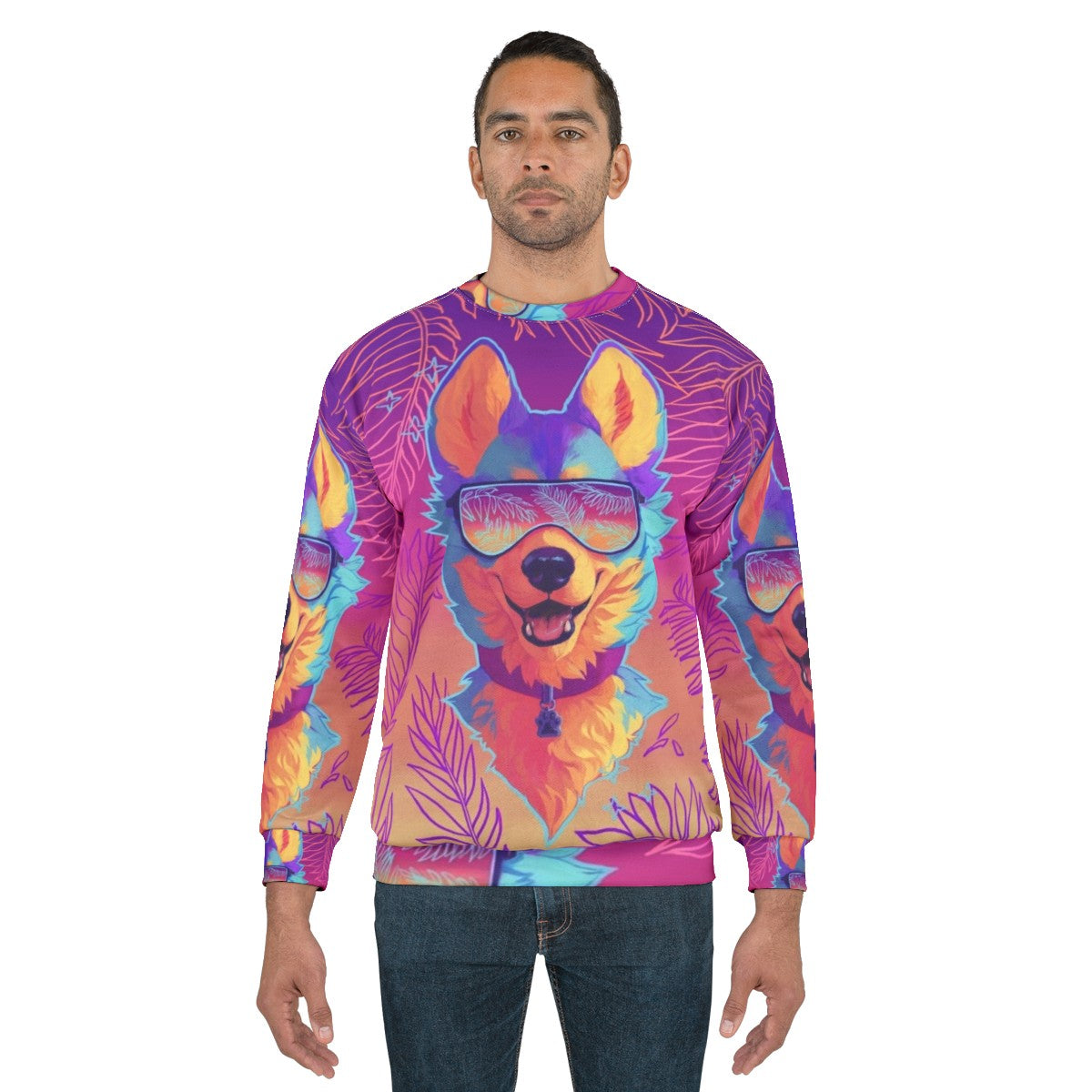 Sparkle Dog Furry Sweatshirt with Vaporwave Aesthetic Design - men