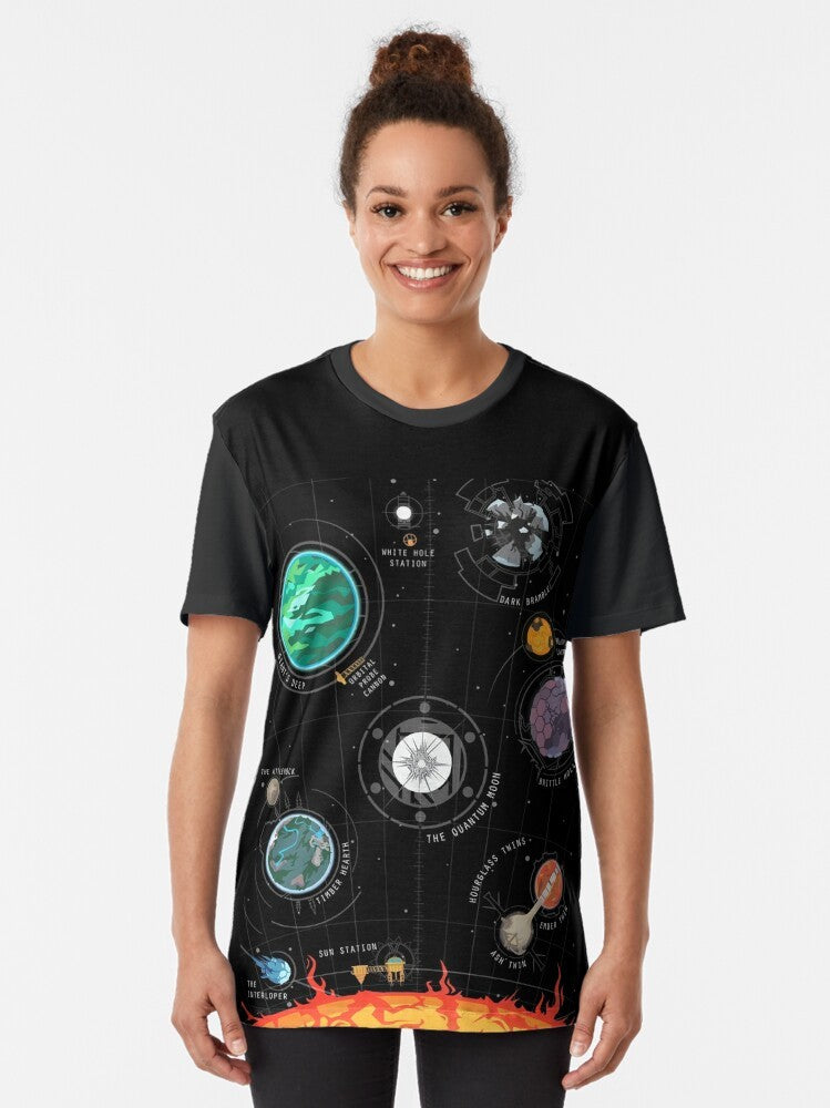 Outer Wilds space system graphic t-shirt featuring planets, moons, and celestial bodies from the Outer Wilds video game universe - Women