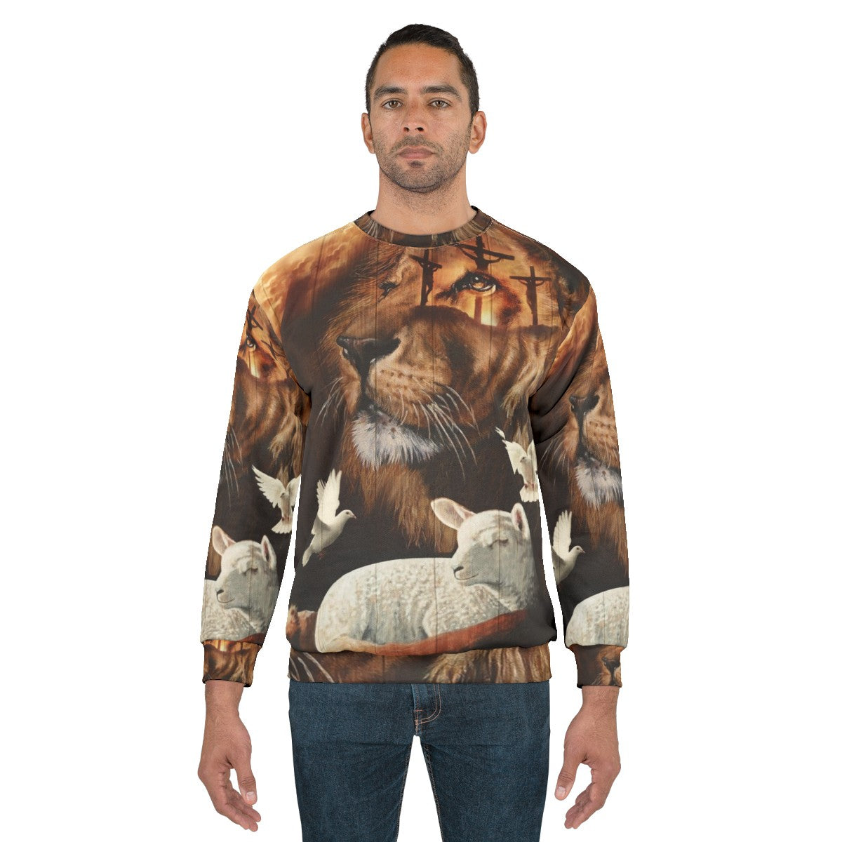 Christian sweatshirt with a design featuring the Lion of Judah and the Lamb of God - men