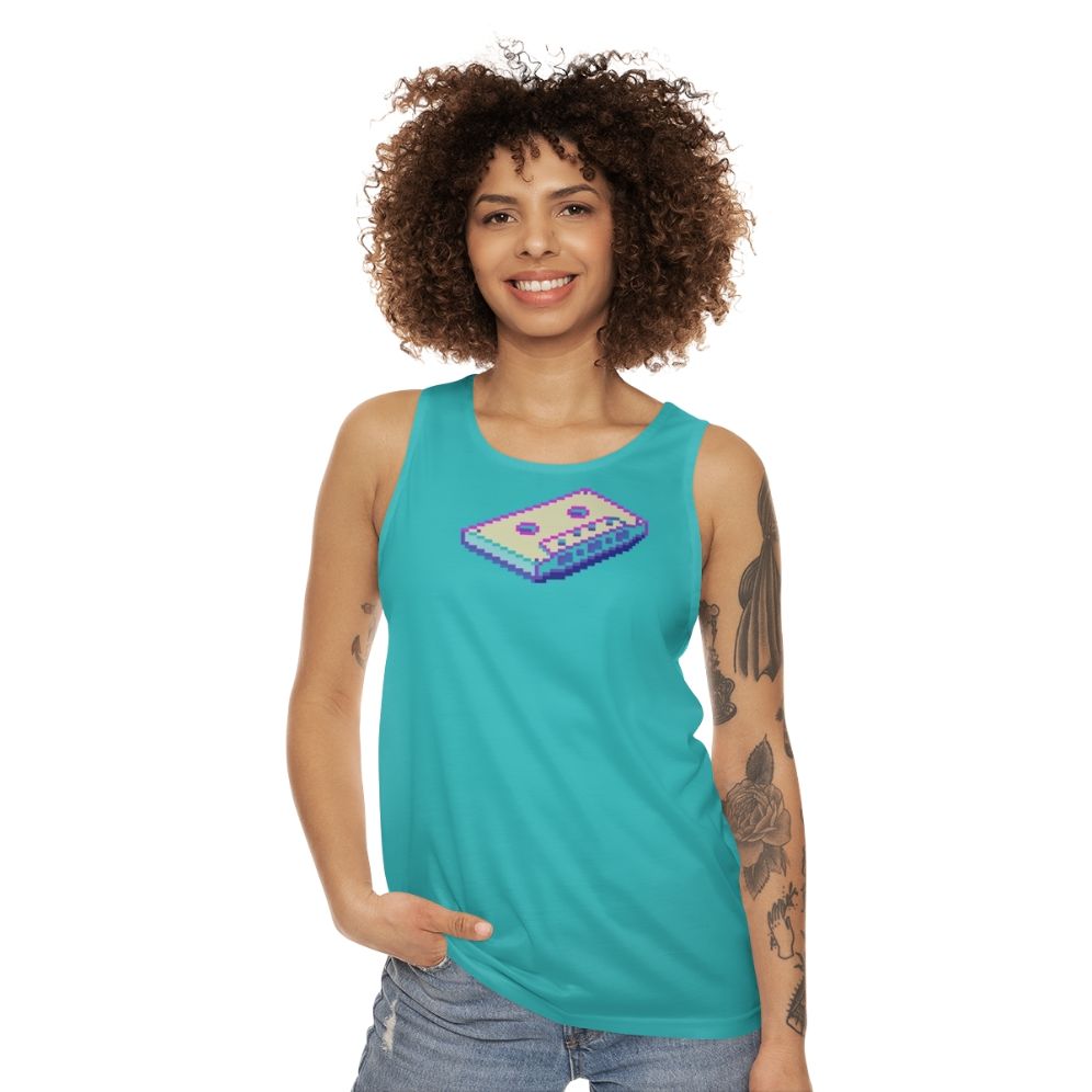 Retro vaporwave cassette unisex tank top with pixel art design - women