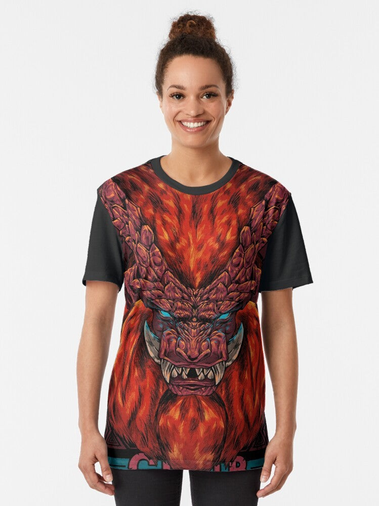 A graphic t-shirt featuring the monster hunter Teostra, an elder dragon from the Monster Hunter video game series. - Women