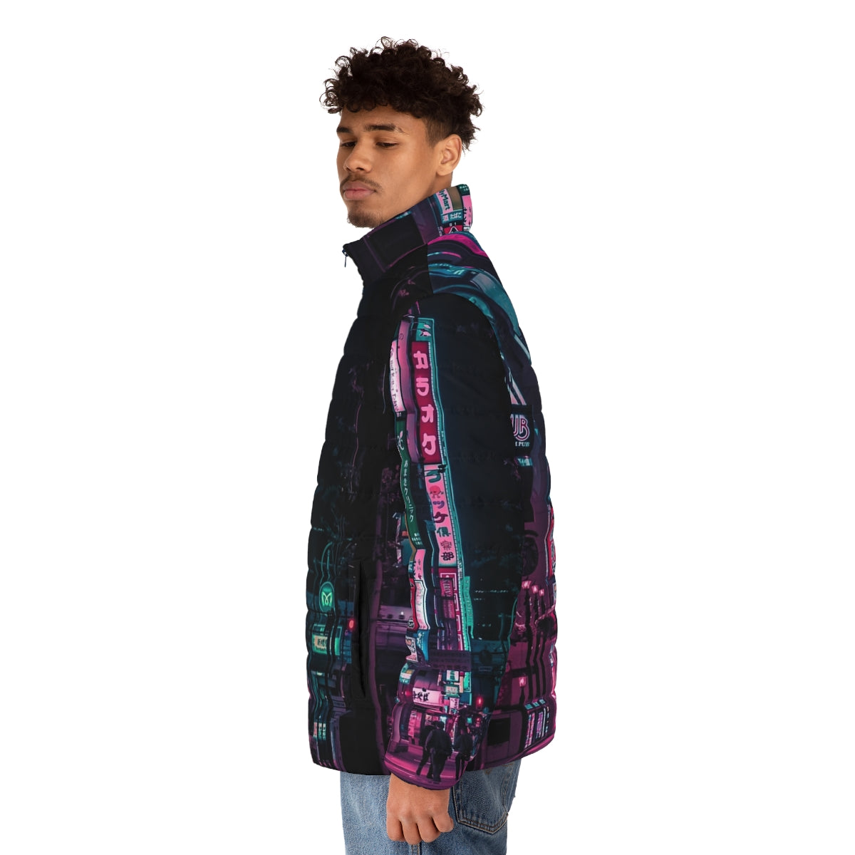 A vibrant puffer jacket with futuristic, cyberpunk-inspired design. - men side left