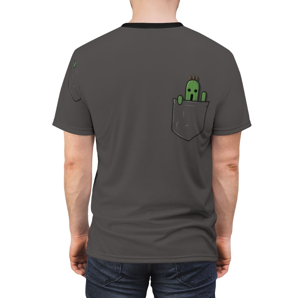 T-shirt featuring a small, cartoonish cactus-like character, perfect for fantasy and video game enthusiasts. - men back