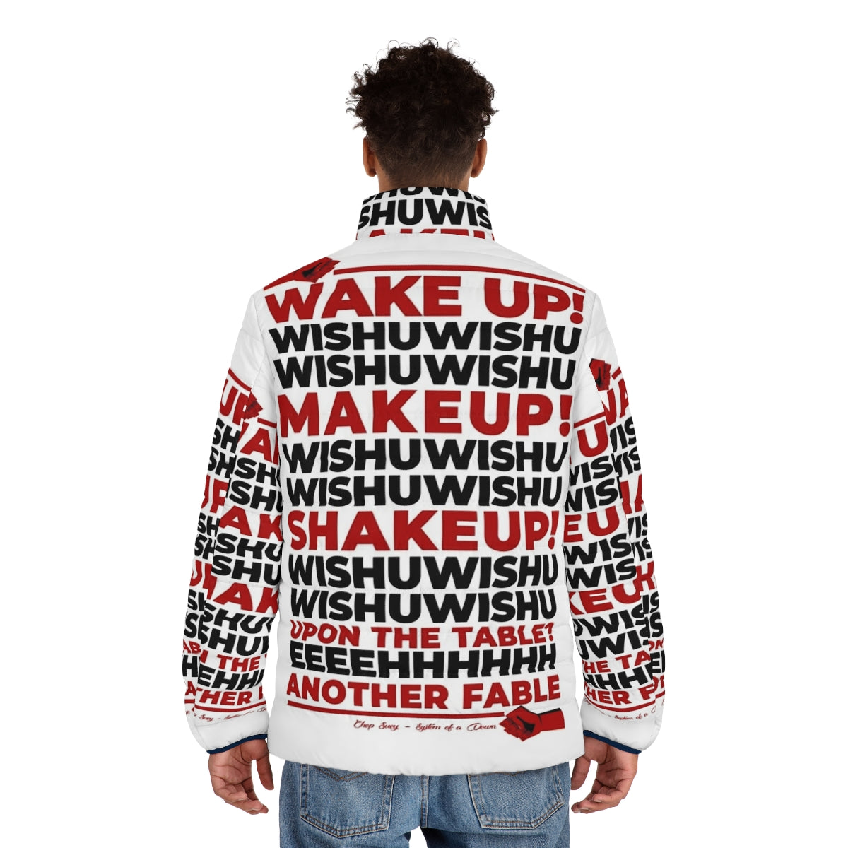 Chop Suey Puffer Jacket featuring the iconic System of a Down song lyrics - men back