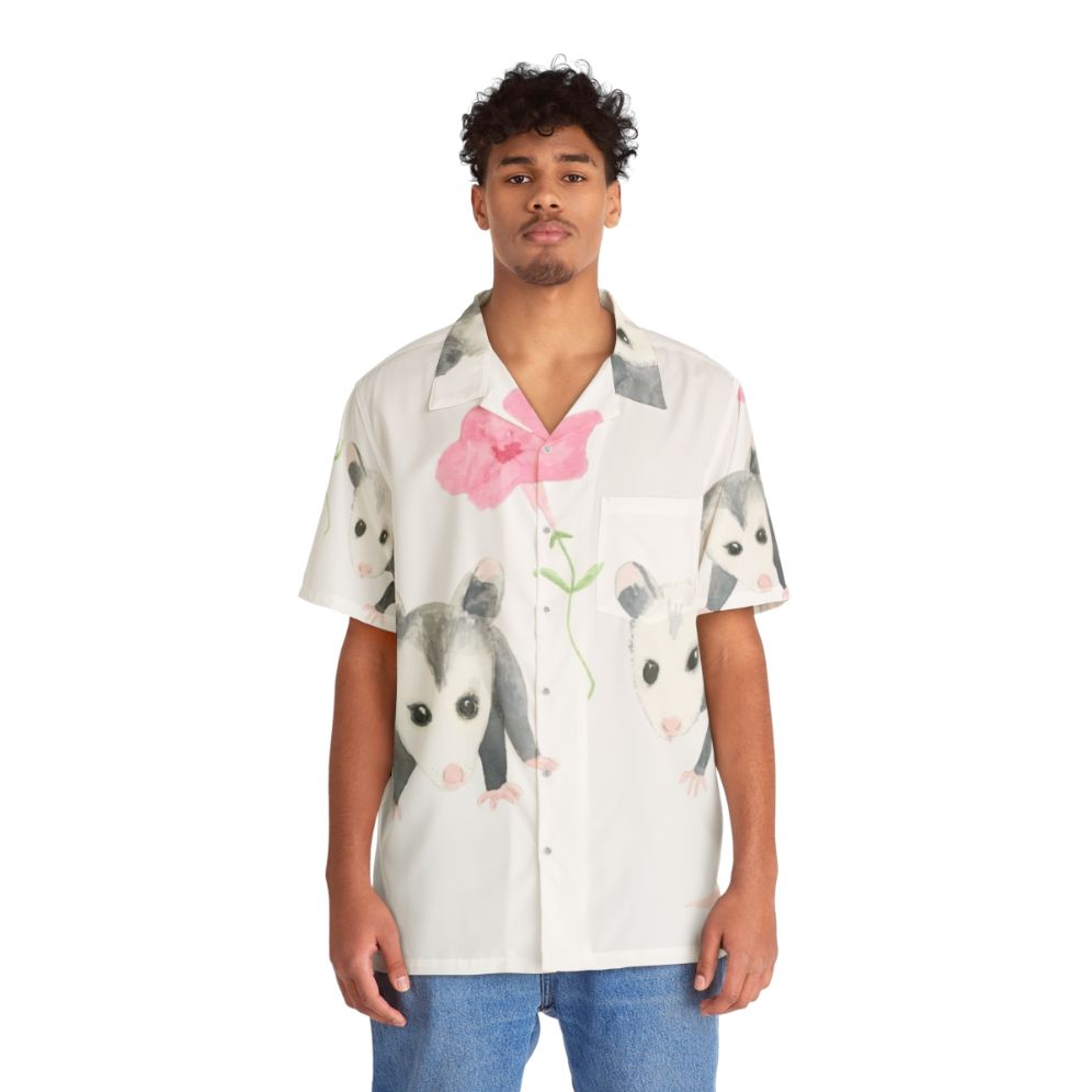 Cute baby opossum and pink petunias on a Hawaiian-style shirt - Lifestyle