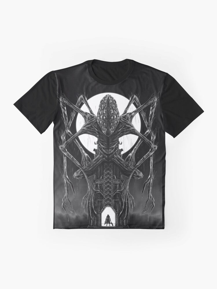 Amygdala hunter graphic t-shirt, inspired by the Bloodborne video game and Lovecraftian horror - Flat lay