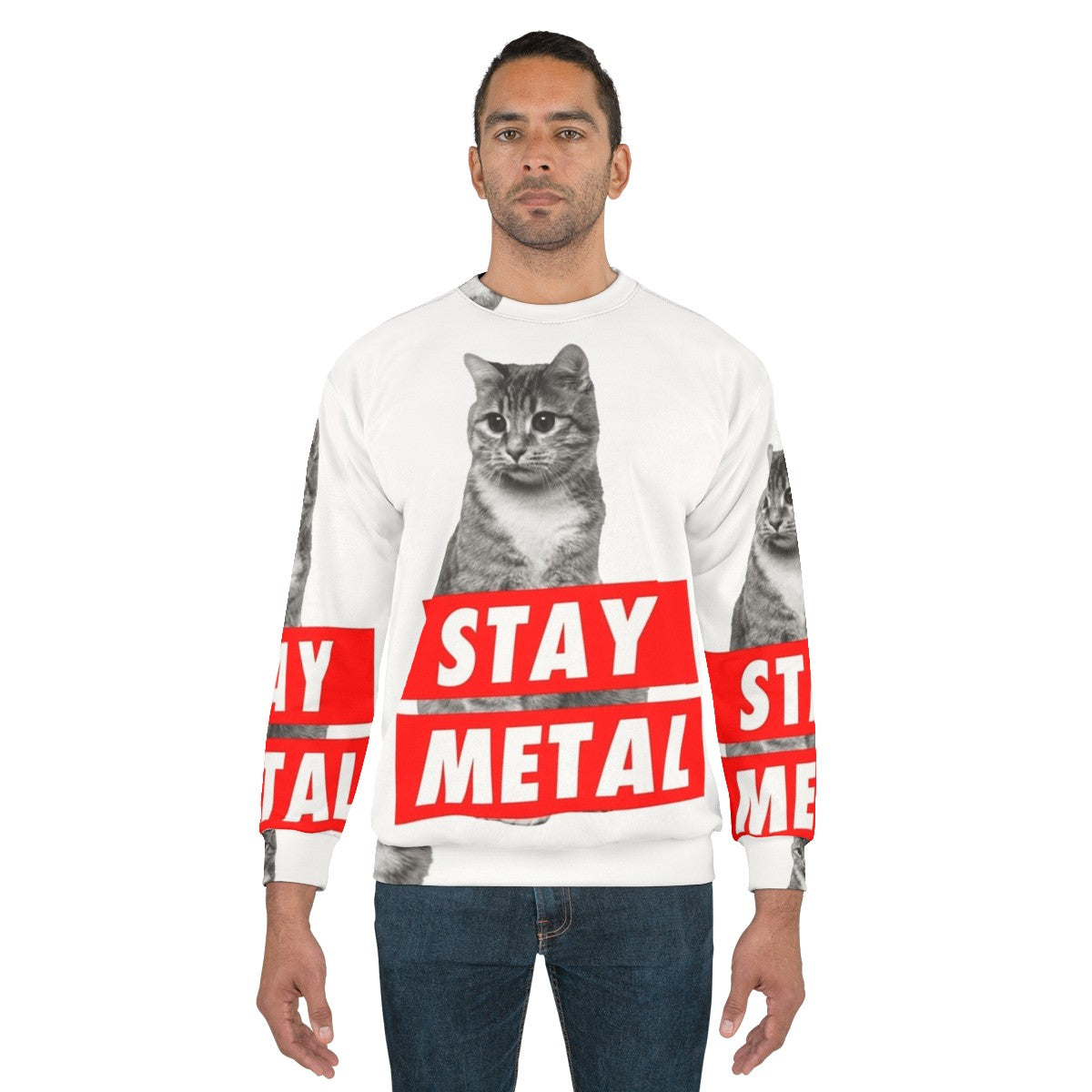 Stay Metal Heavy Metal Sweatshirt with Nicolas Cage Cat Meme Design - men