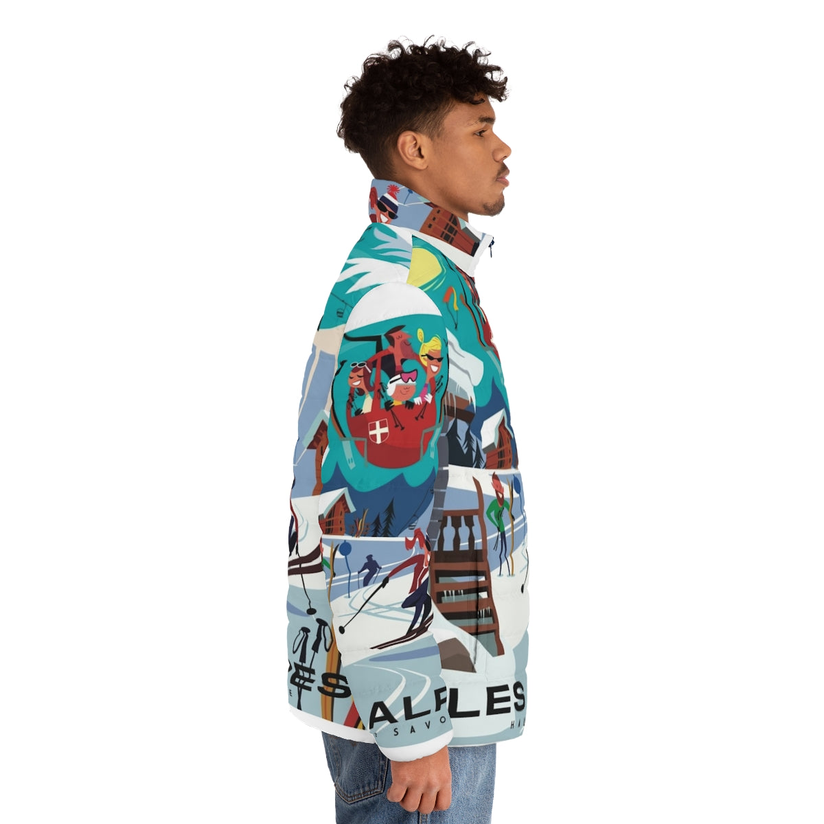 Retro Les Alpes ski poster puffer jacket featuring alpine mountains, skiing, and chalet lifestyle - men side right