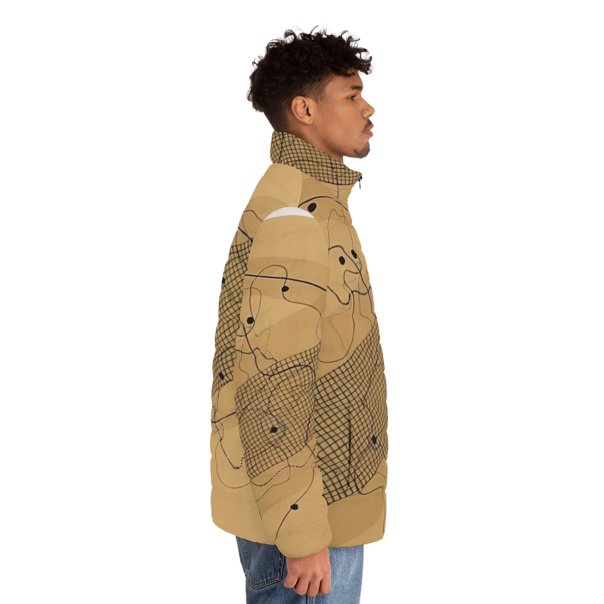 Avant-garde puffer jacket inspired by the compositions of John Cage - men side right