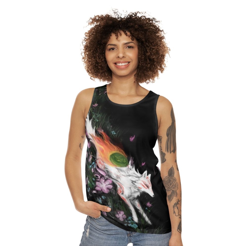 Okami unisex tank top featuring the wolf goddess Amaterasu - women