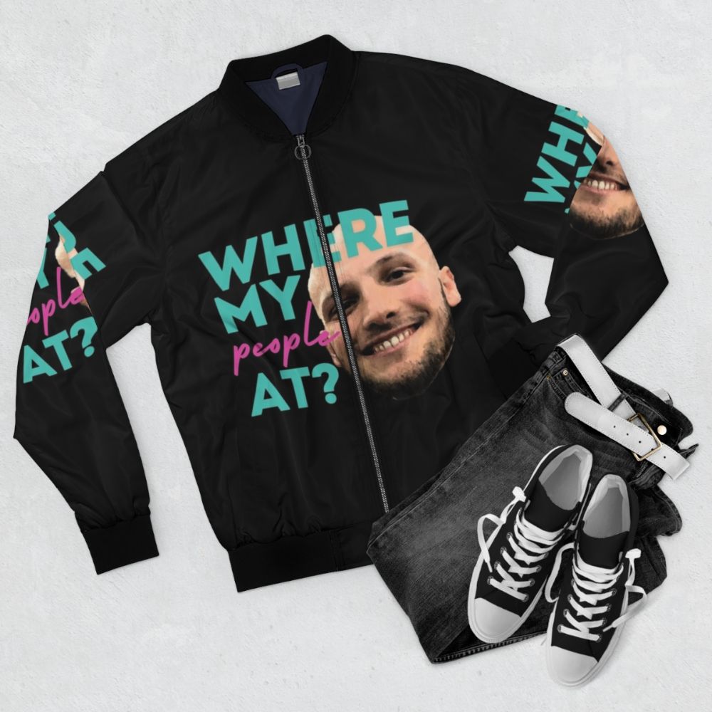 Mitch "Where My People At?" bomber jacket in urban streetwear style - Flat lay