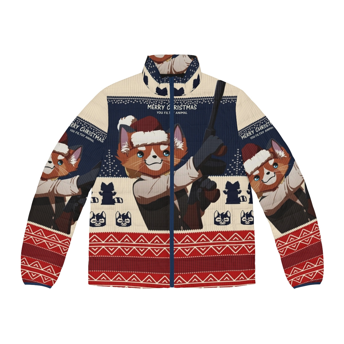 Puffer jacket with "Merry Christmas You Filthy Animal" design, perfect for the holidays