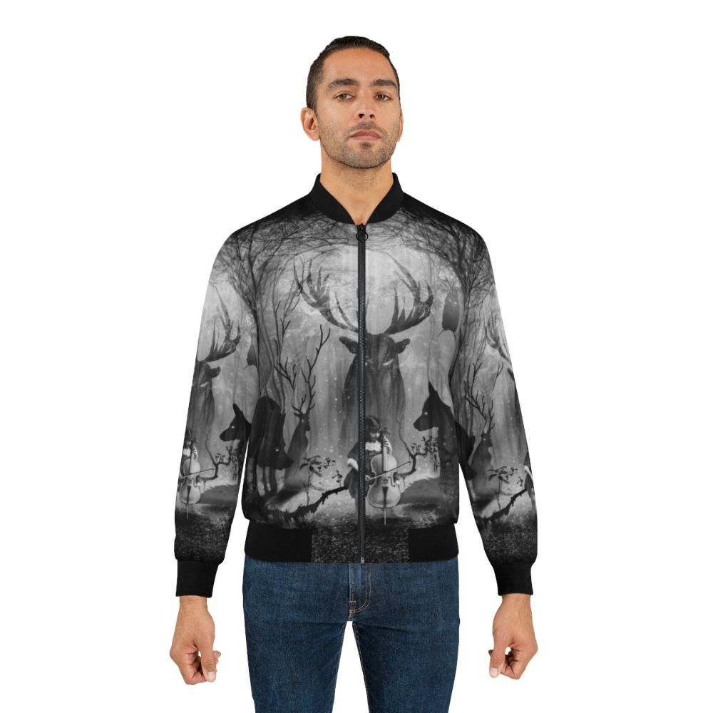 Enchanted Forest Music Bomber Jacket with Cello, Deer, Fox and Wolf Graphic Design - Lifestyle