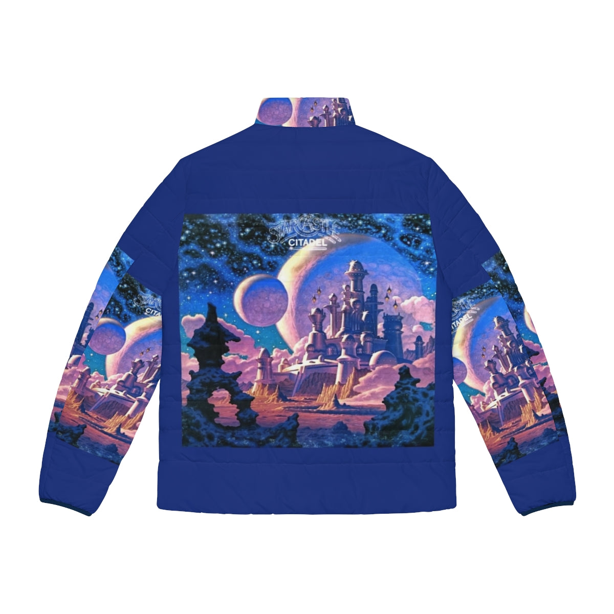 Starcastle Citadel Puffer Jacket featuring retro psychedelic art and progressive rock design - Back