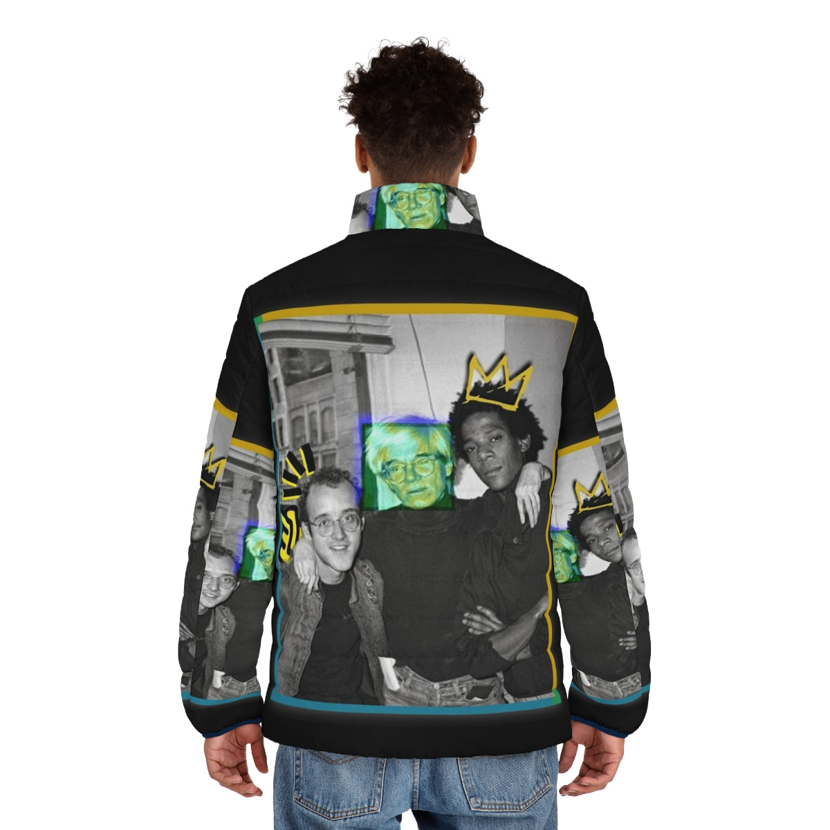 Vibrant puffer jacket with Andy Warhol-inspired photo print - men back