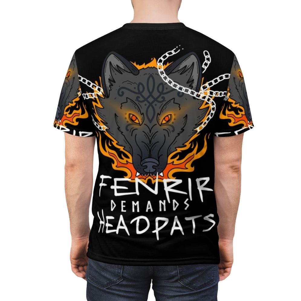 A high-quality all-over printed t-shirt featuring the mythical Norse wolf Fenrir, the harbinger of Ragnarok. - men back