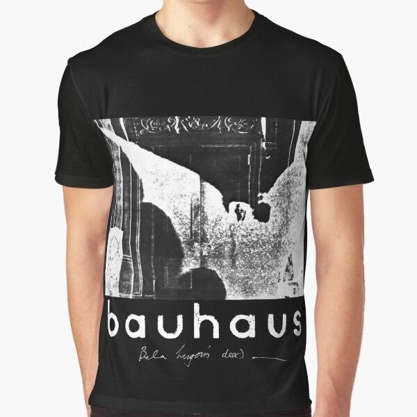 Retro 80s horror graphic t-shirt featuring Bela Lugosi's Dead Bauhaus inspired black and white artwork