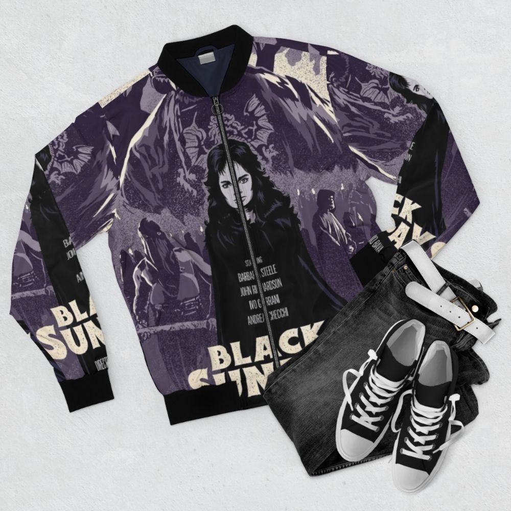 Black Sunday bomber jacket with Italian horror movie-inspired design - Flat lay