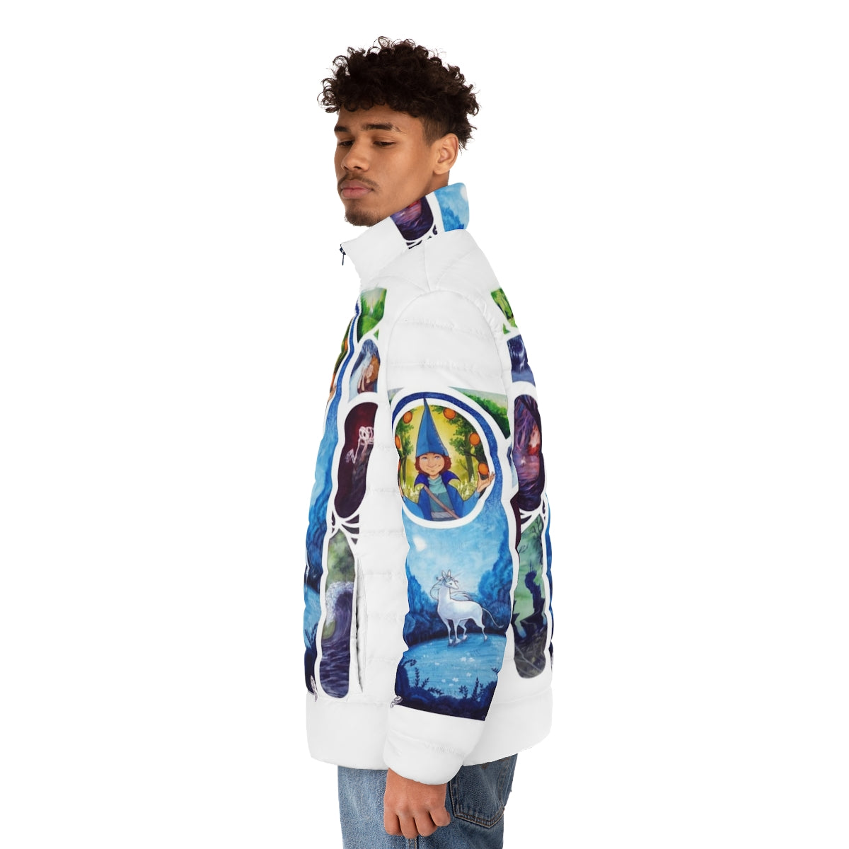 Colorful puffer jacket featuring a magical unicorn and art nouveau design - men side left