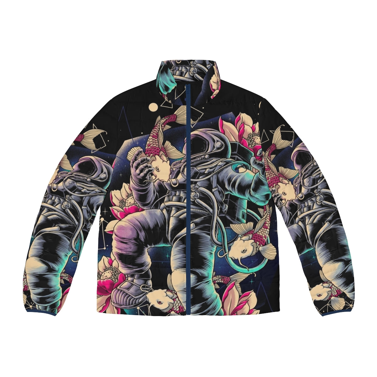 Deep space puffer jacket with a cosmic, interstellar starry design