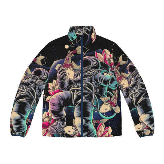 Deep space puffer jacket with a cosmic, interstellar starry design