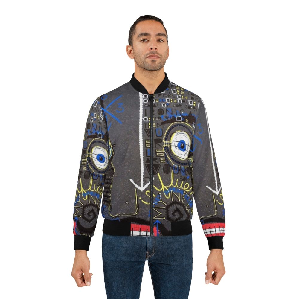 Influence Basquiat Style Bomber Jacket with abstract word art design and face with mustache - Lifestyle