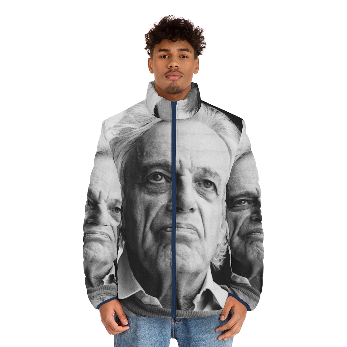 A stylish puffer jacket featuring the name and image of renowned classical composer György Ligeti - men front