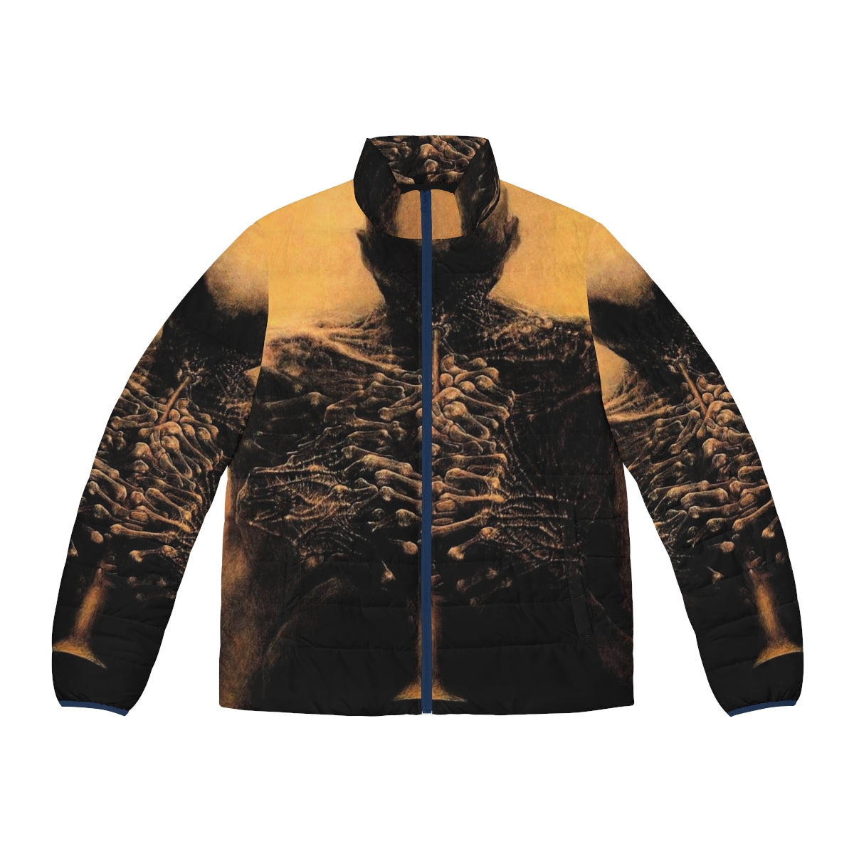 Zdzislaw Beksinski's surreal artwork "The Lovers" featured on a puffer jacket