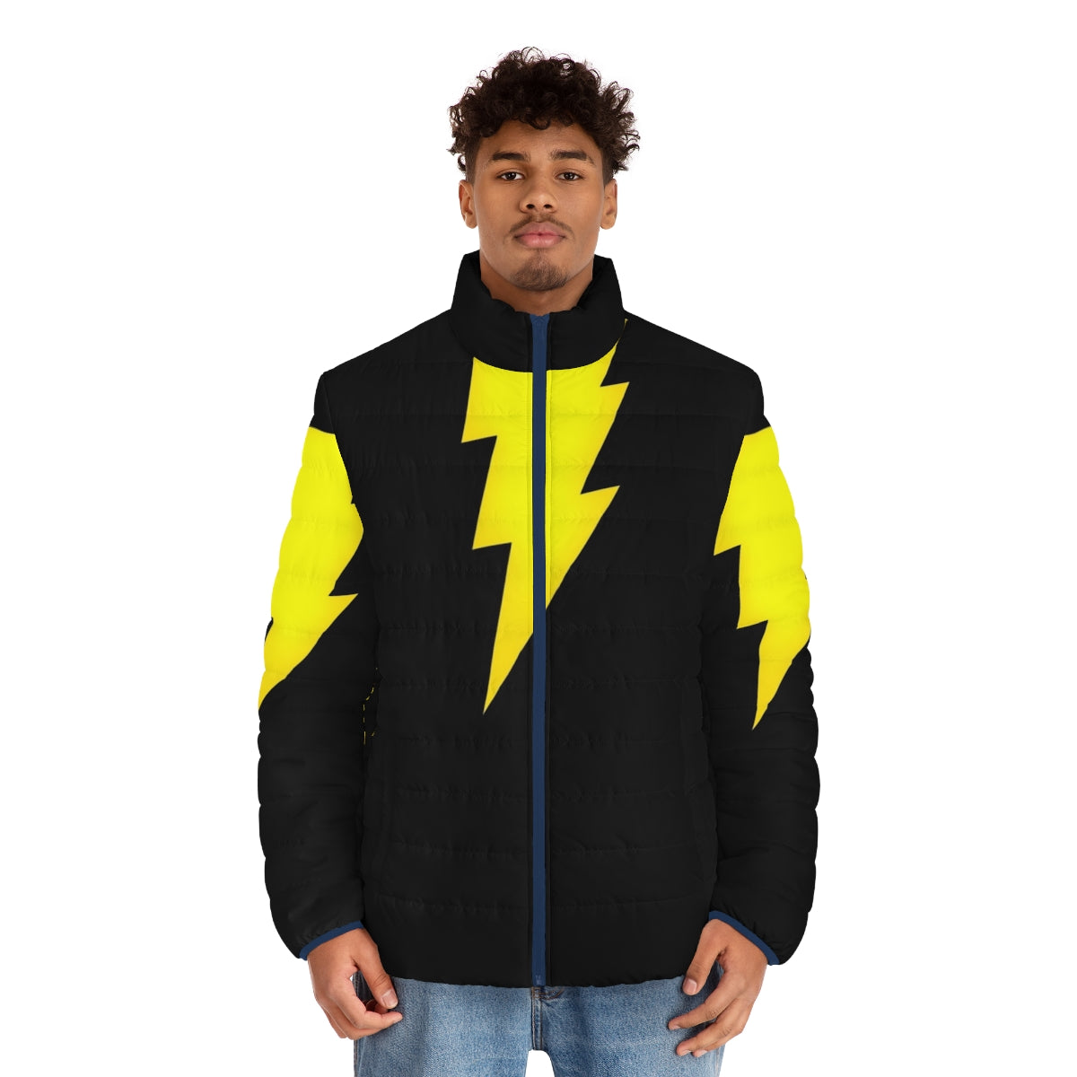 Black Adam superhero character wearing a black puffer jacket - men front