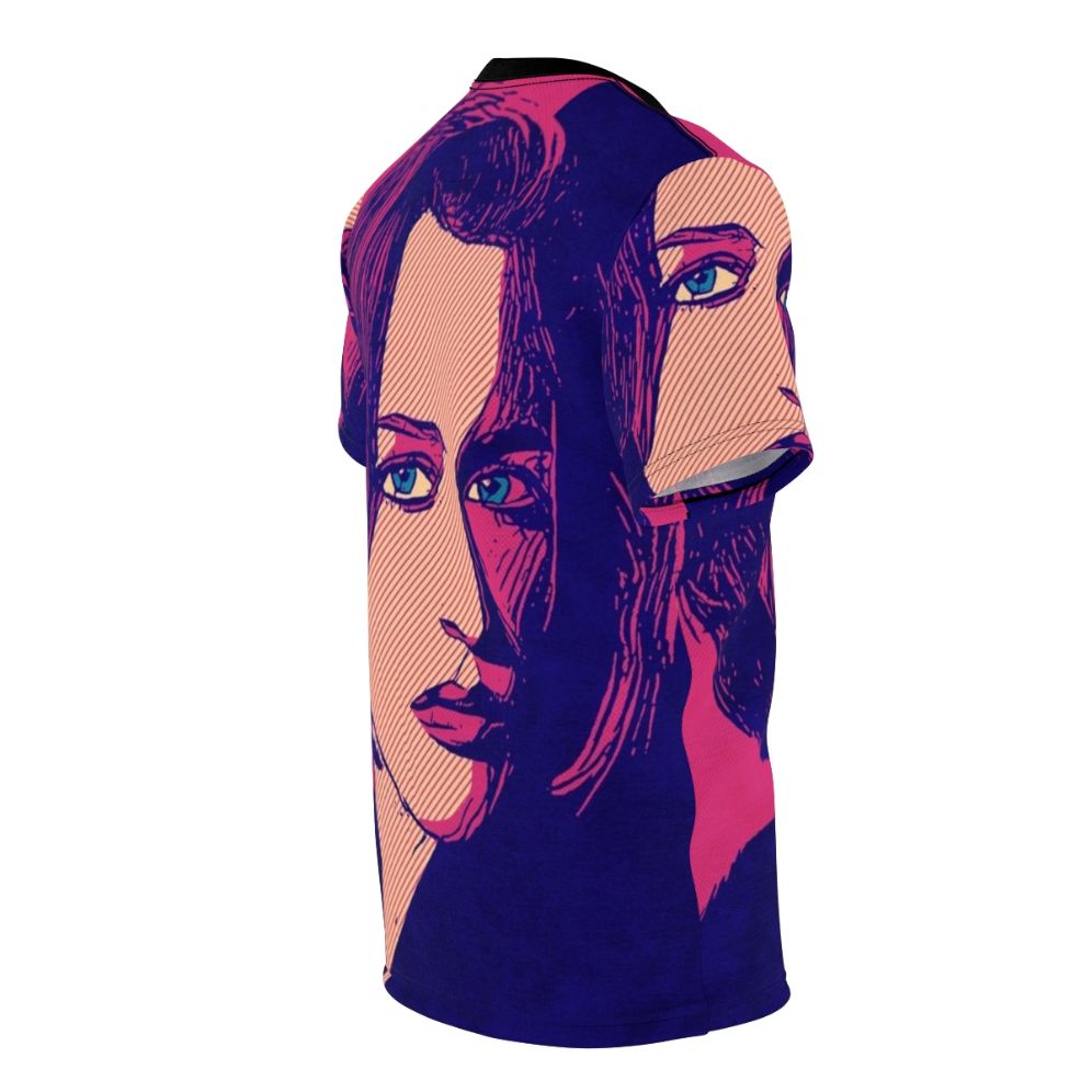 Dana Scully from The X-Files TV show, played by Gillian Anderson, featured on an all-over print t-shirt design. - men right