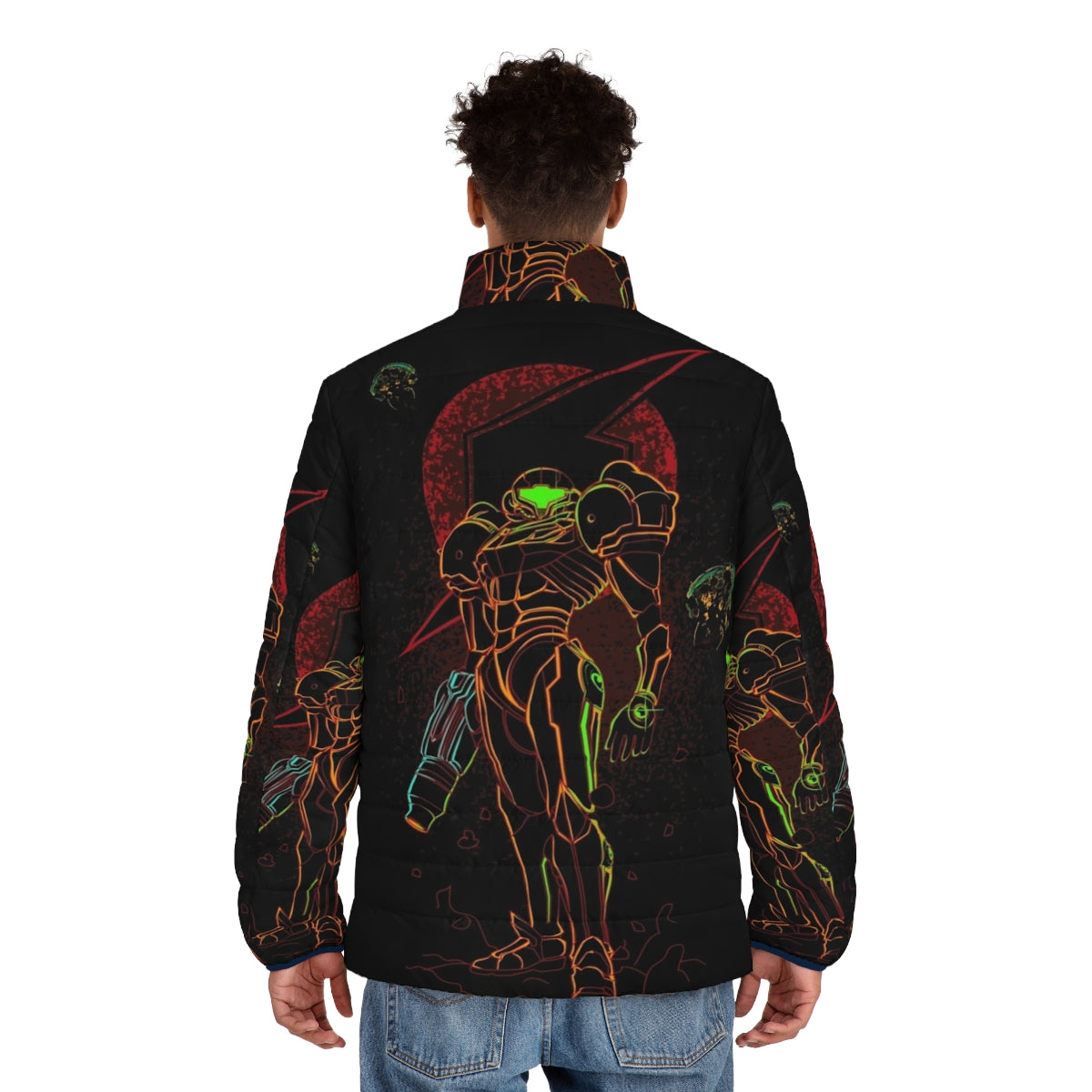 Metroid-inspired bounty hunter puffer jacket with futuristic design - men back