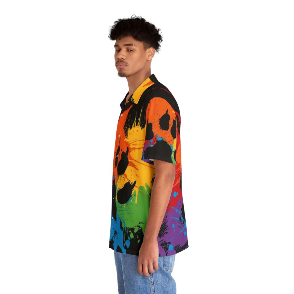 Colorful Hawaiian-style shirt featuring paw prints and rainbow pride design - People Left