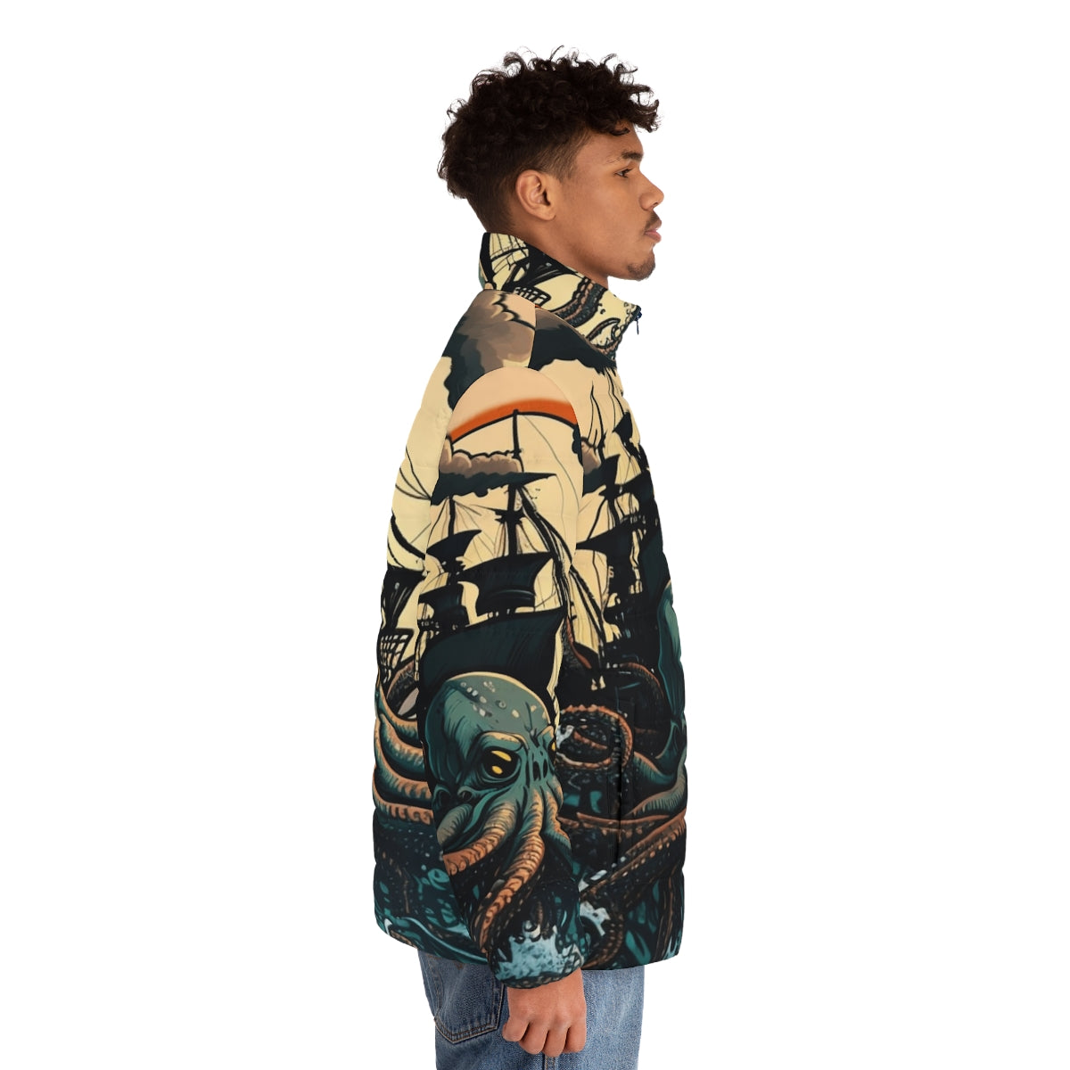 Mythical sea creature puffer jacket featuring legendary beasts and fantasy ocean creatures - men side right