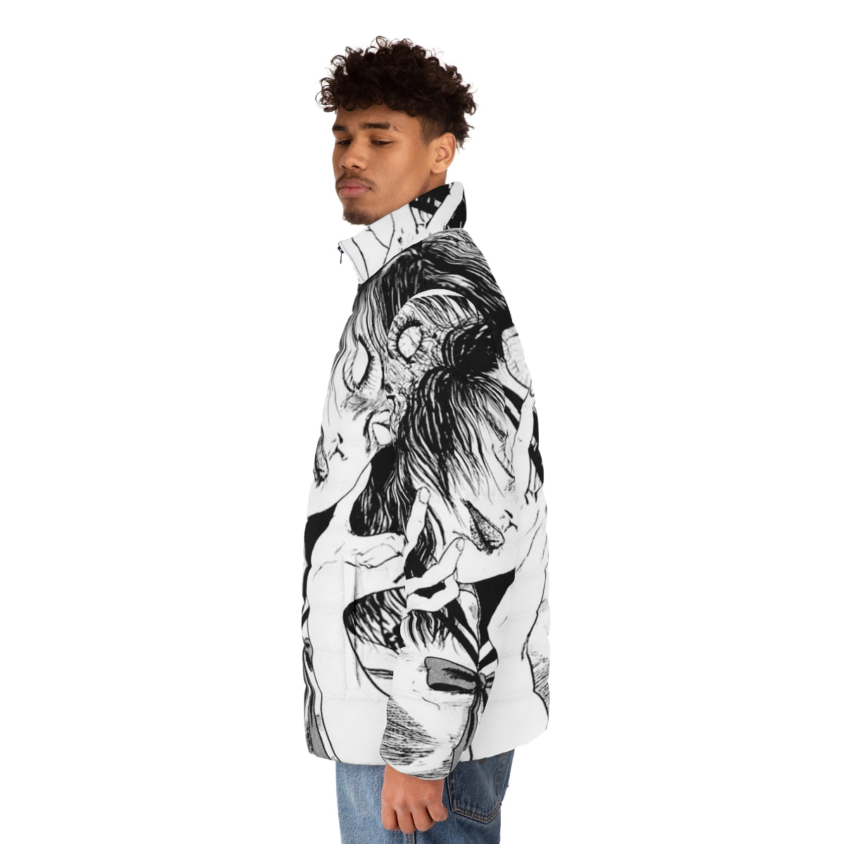 Monochrome puffer jacket with Junji Ito inspired horror manga design - men side left