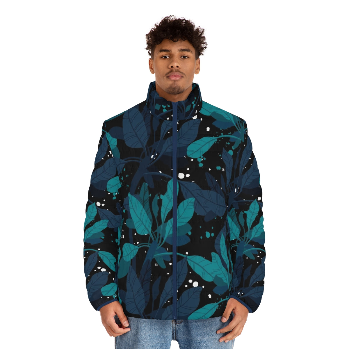 A dark puffer jacket with a vibrant Hawaiian pattern and bioluminescent-inspired floral design - men front