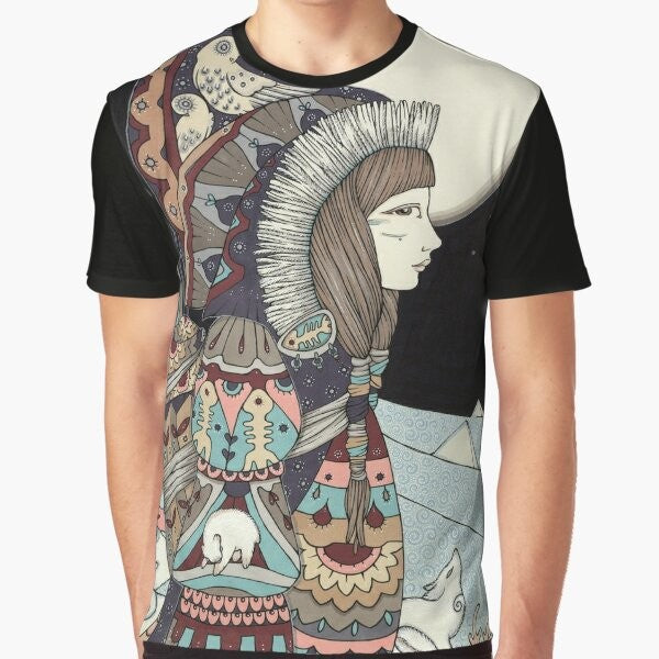 A graphic t-shirt featuring the Inuit goddess Sedna, the mother of the sea and the Arctic animals.