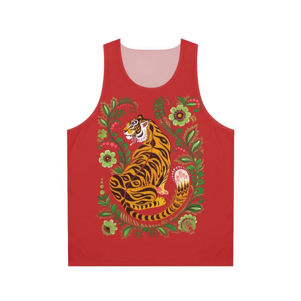 Unisex tank top with vibrant tiger folk art design