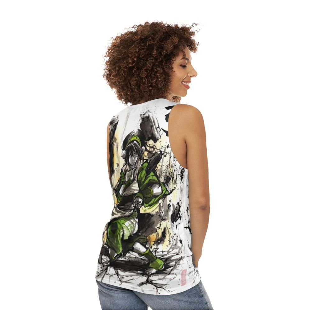 Toph from Avatar the Last Airbender depicted in sumi ink and watercolor art on a unisex tank top - women back