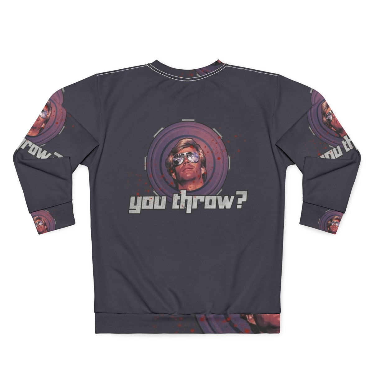 80s inspired "You Throw" sweatshirt with frisbee and action movie graphics - Back