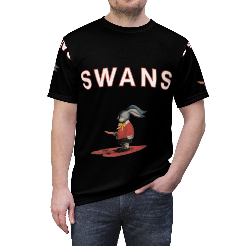 Unique swan-themed AOP t-shirt for alternative music enthusiasts - men front