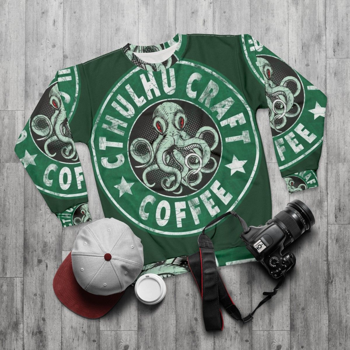 Cthulhu Craft Coffee Sweatshirt featuring a graphic design inspired by HP Lovecraft's The Call of Cthulhu - flat lay