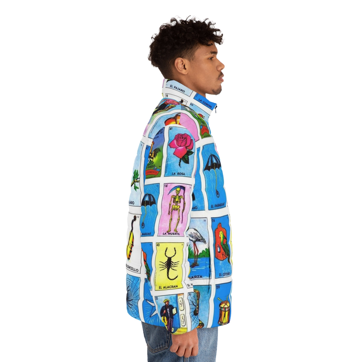 Colorful Mexican lottery bingo puffer jacket featuring various Mexican cultural symbols and animals - men side right