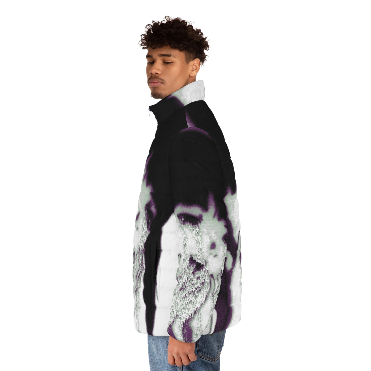 Puffer jacket with glitch art and pixel art design, perfect for winter and vaporwave streetwear - men side left