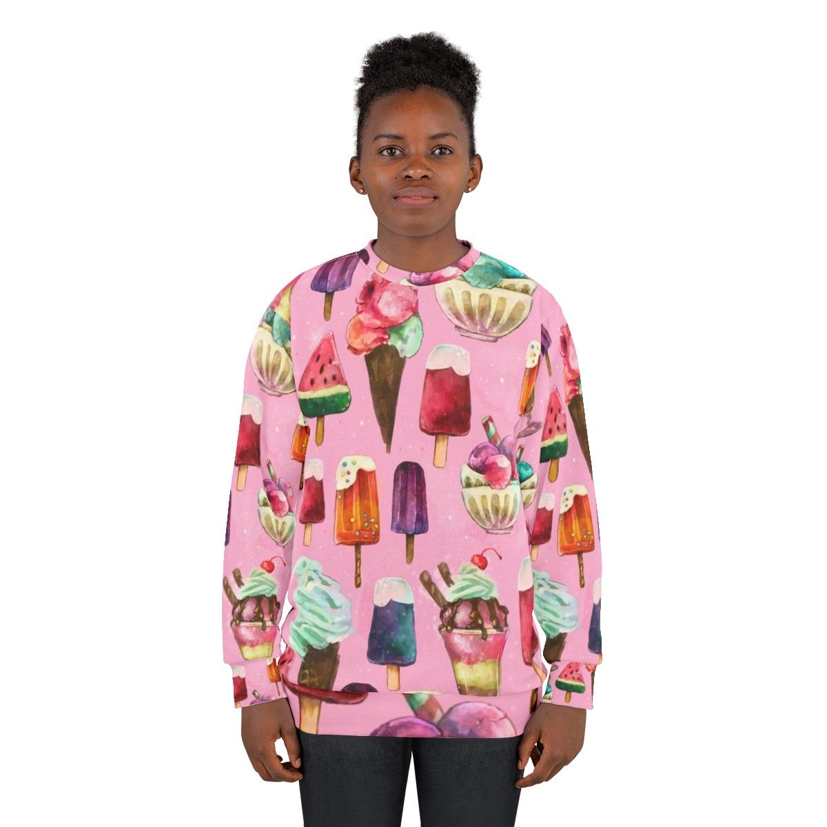 Woman wearing ice cream pattern sweatshirt - women