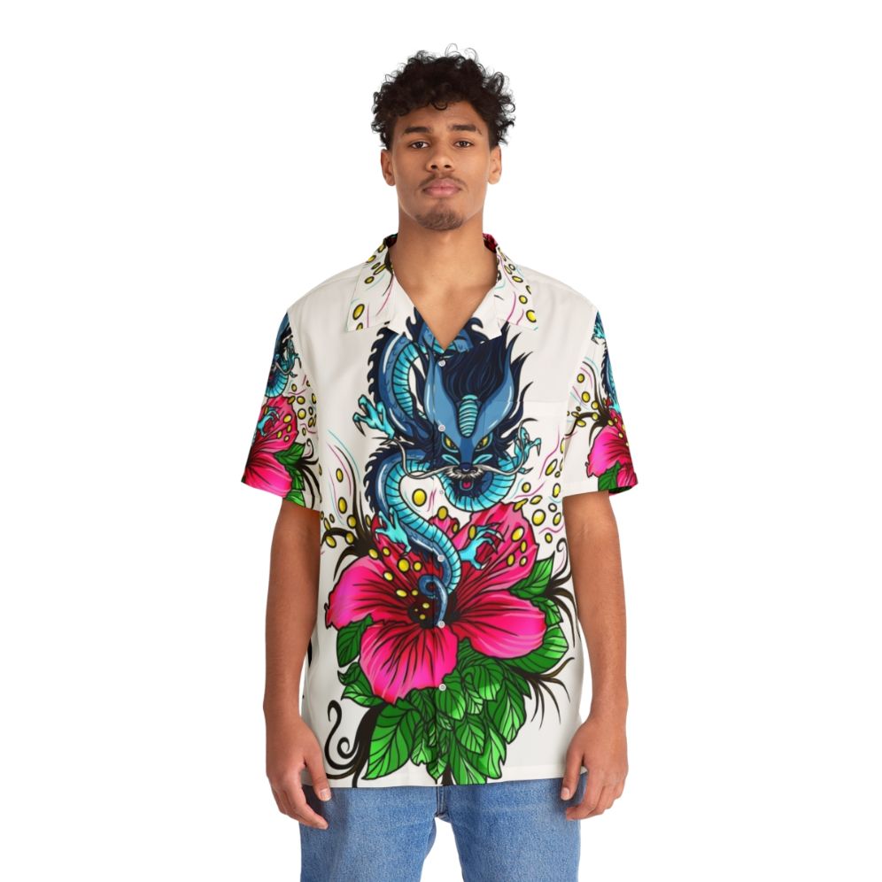 Vibrant dragon and hibiscus design on a Hawaiian shirt - People Front