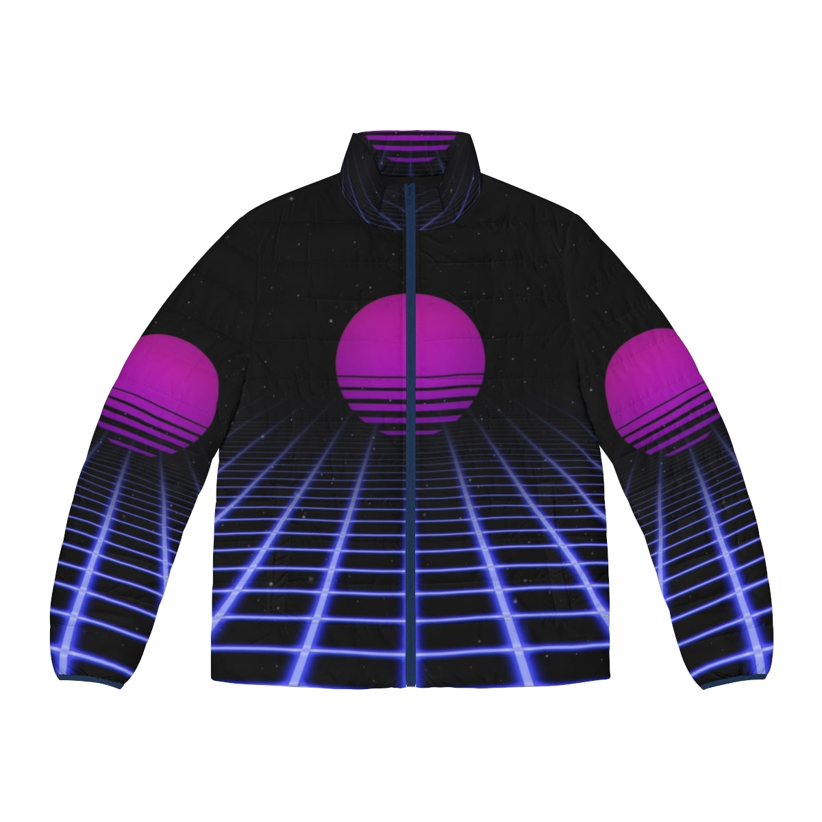 80s digital sunset aesthetic puffer jacket with glowing grid design